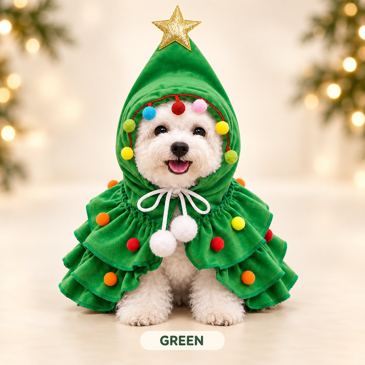 Festive Christmas tree dog costume for family photos