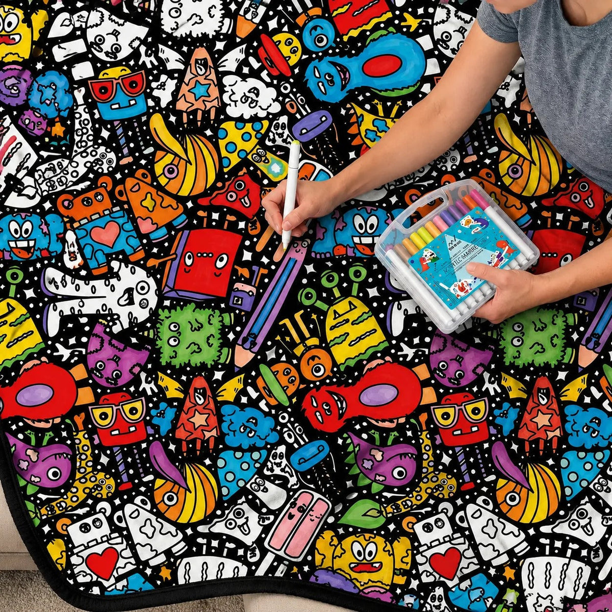 Reusable coloring blanket with washable markers for kids